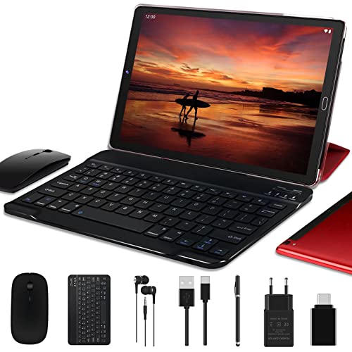 GOODTEL Tablet 10 Pulgadas 4GB RAM + 64GB ROM, Android 11 Google GMS, WiFi, Bluetooth, OTG, Batería 8000mAh, Dual Cámara 5MP + 8MP, SD Slot 4-256GB, con Funda, Teclado y Ratón, Rojo