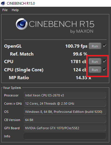 cinebench r15 botón run prueba cpu y cpus single core