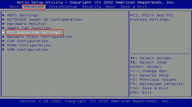 PCI Subsystem Setting opcion advanced en bios x99 resizable bar