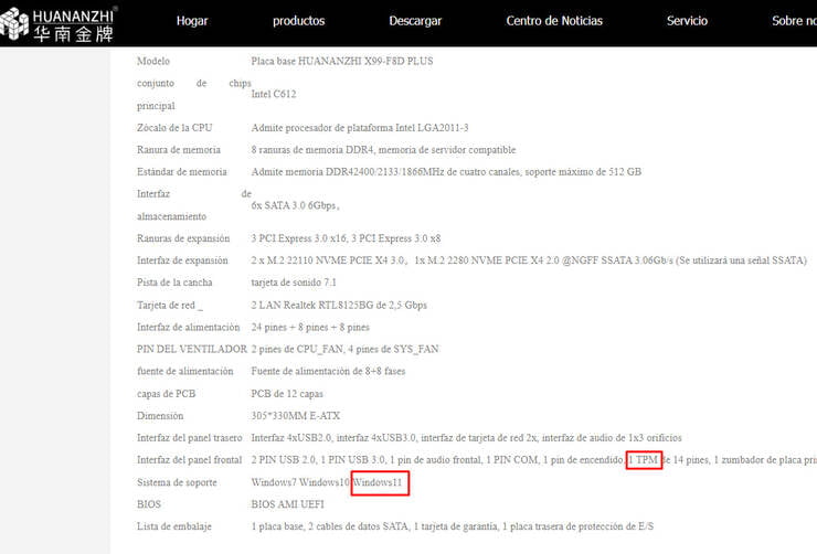 HUANANZHI X99 F8D PLUS compatible con windows 11