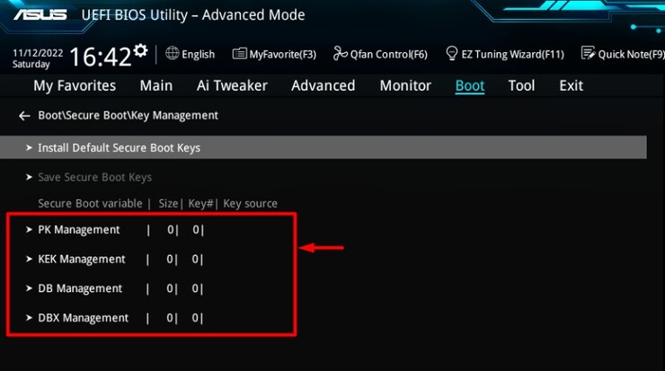 yes Key Management Secure Boot Keys
